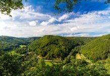 Harztor im Landkreis Nordhausen – Familienfreundliche Naturerlebnisse im Südharz Grüne Hügel unter blauem Himmel